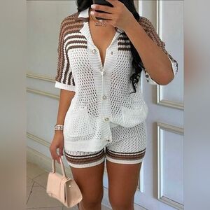 White and Brown Knit Button-Up Set (M)